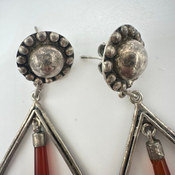 Vintage 925 sterling silver conchos genuine carnelian dangle drop post earrings - Picture 3 of 8